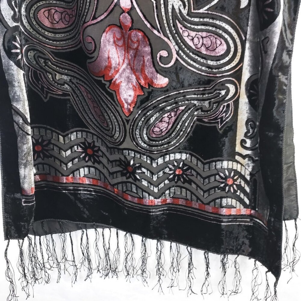 Velvet Burnout Scarf Shawl Rectangle Sheer Tassel Heart Paisley Witch Whimsigoth - Picture 5 of 10